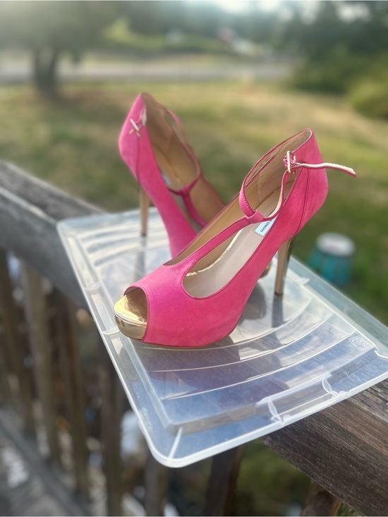 INC International Concepts Shoes - INC International Concepts Hot Pink Peep-Toe Stiletto Heels with Gold Toe
